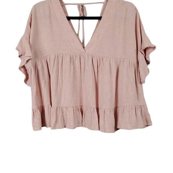 💎288Peach Love California V Neck Ruffled Flutter Sleeve Cropped Linen Blend Top - Picture 3 of 6